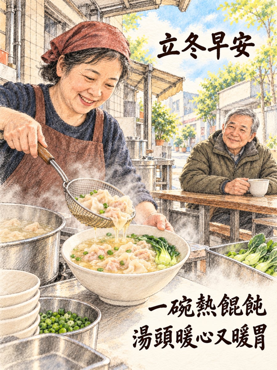 一碗熱餛飩。圖中文字：立冬早安，一碗熱餛飩，湯頭暖心又暖胃