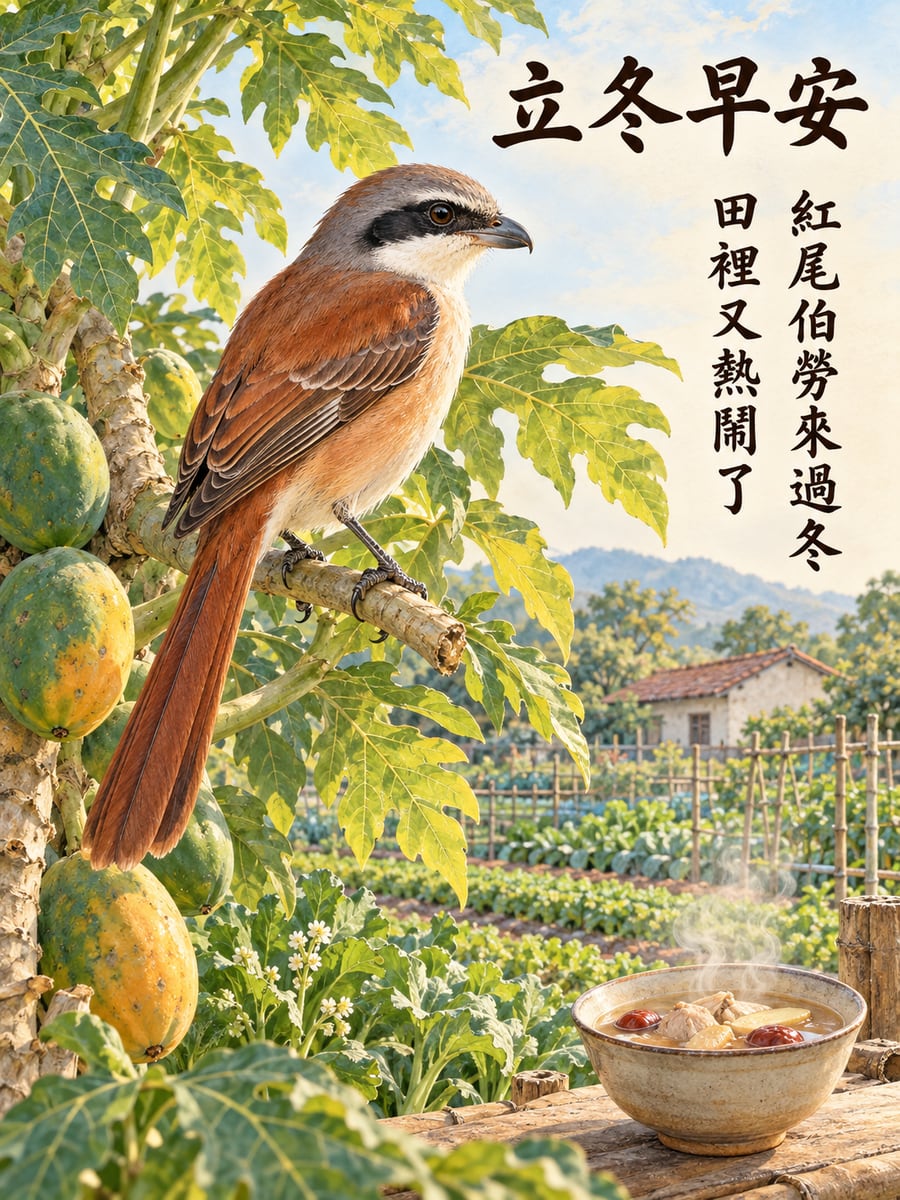 紅尾伯勞來過冬。圖中文字：立冬早安，紅尾伯勞來過冬，田裡又熱鬧了