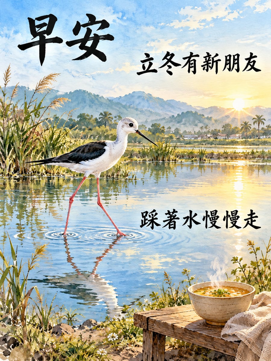 高蹺鴴踩水。圖中文字：早安，立冬有新朋友，踩著水慢慢走