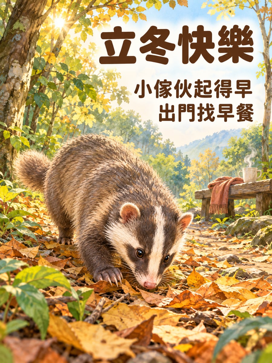 鼬獾找早餐。圖中文字：立冬快樂，小傢伙起得早，出門找早餐