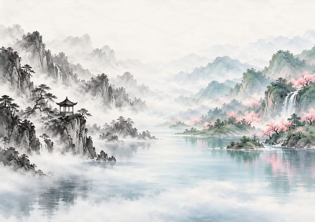 水墨上色山水，iPhone Duo 內螢幕桌布，圖上沒有文字