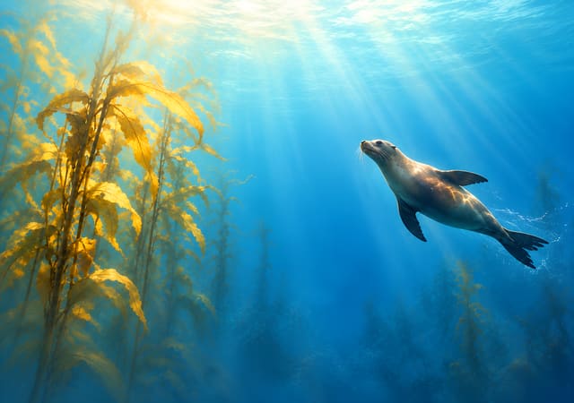 海藻森林與海獅，iPhone Duo 內螢幕桌布，圖上沒有文字