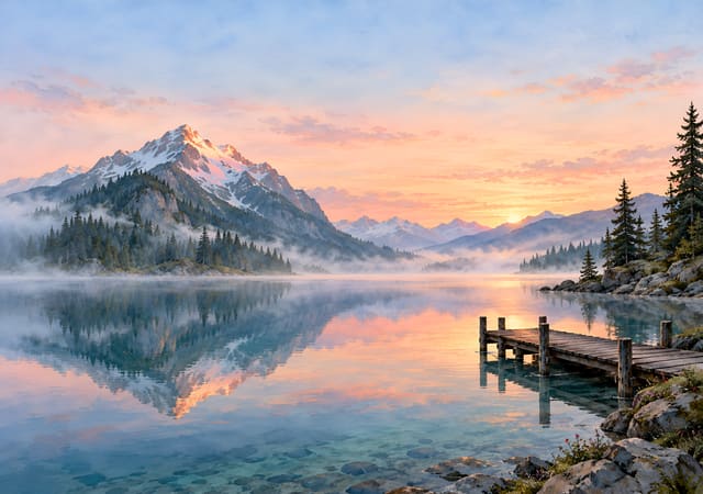 清晨湖邊山景，iPhone Duo 內螢幕桌布，圖上沒有文字