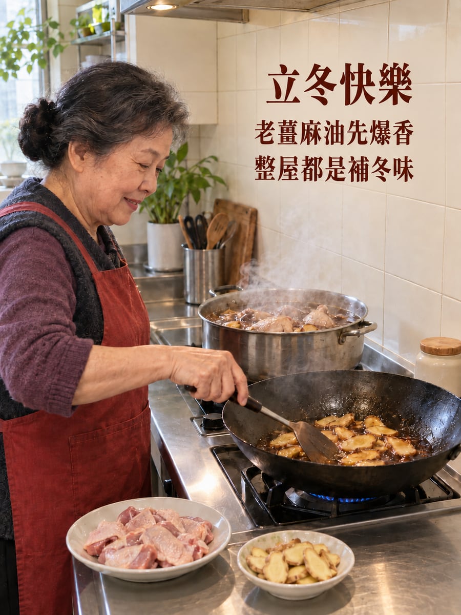 麻油薑香補冬。圖中文字：立冬快樂，老薑麻油先爆香，整屋都是補冬味