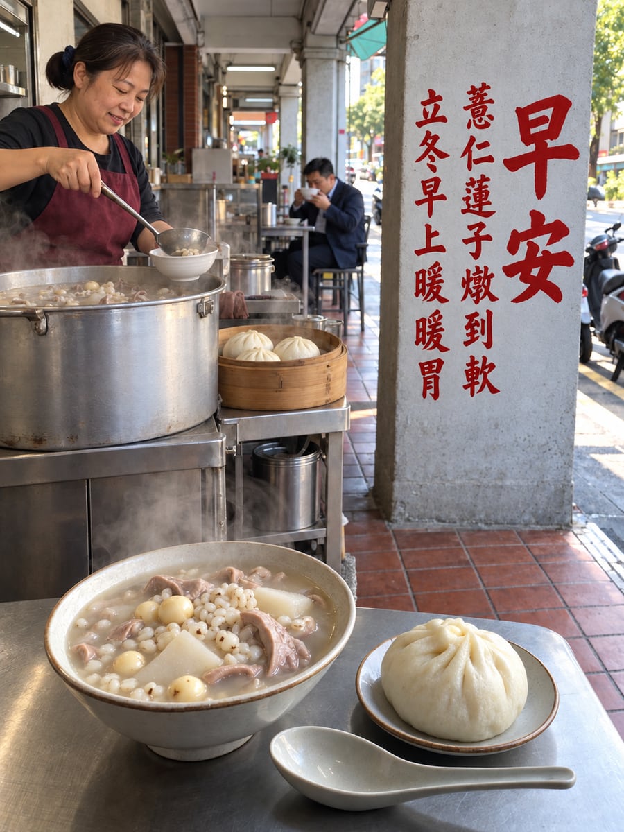 騎樓下的熱補湯。圖中文字：早安，薏仁蓮子燉到軟，立冬早上暖暖胃