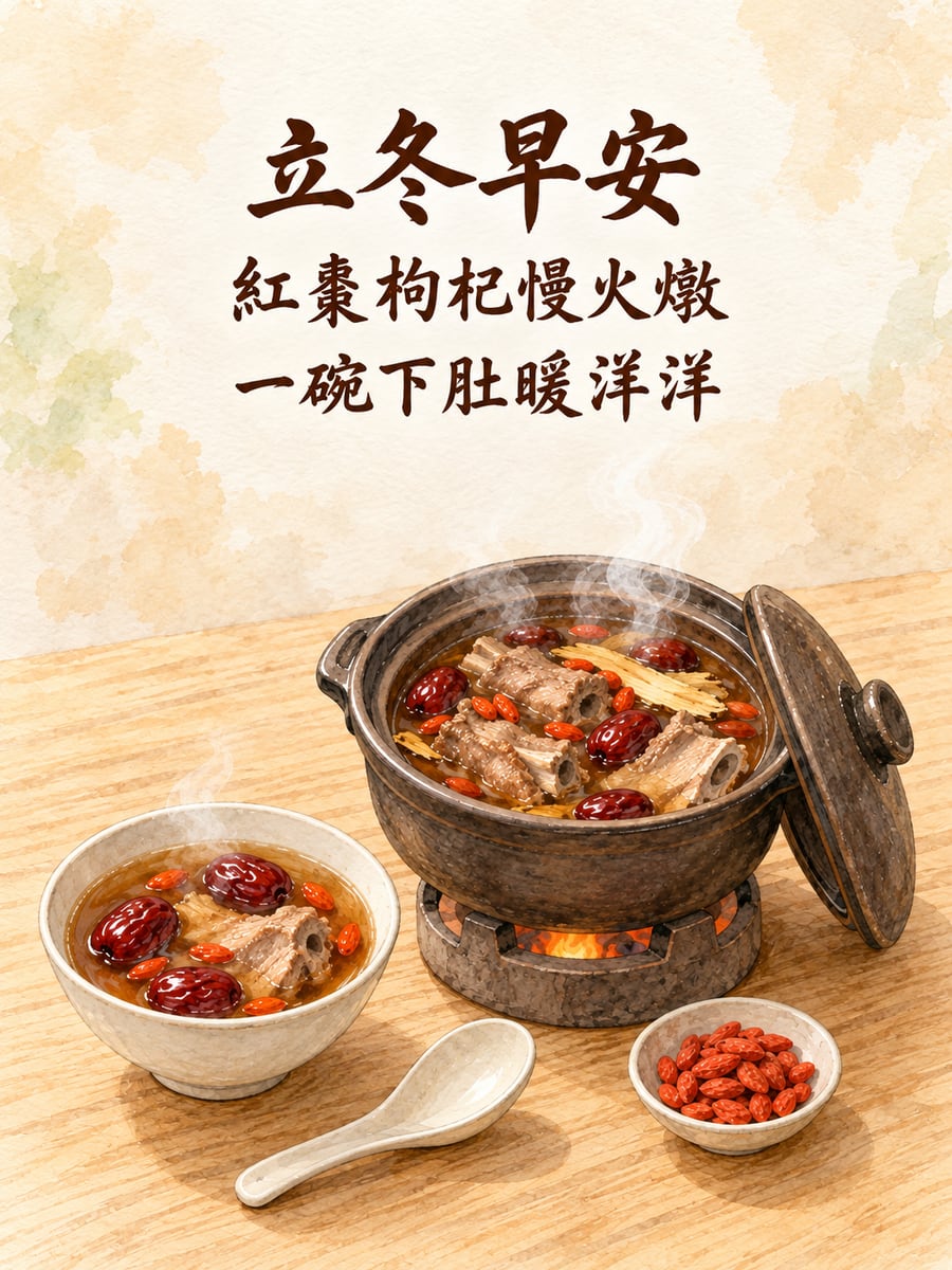 砂鍋藥燉排骨。圖中文字：立冬早安，紅棗枸杞慢火燉，一碗下肚暖洋洋