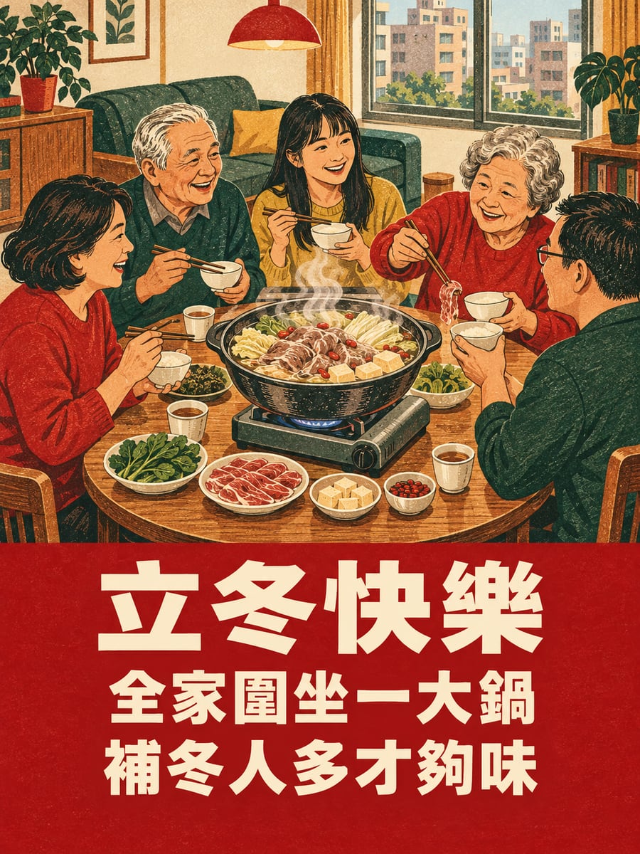 全家圍一鍋羊肉爐。圖中文字：立冬快樂，全家圍坐一大鍋，補冬人多才夠味