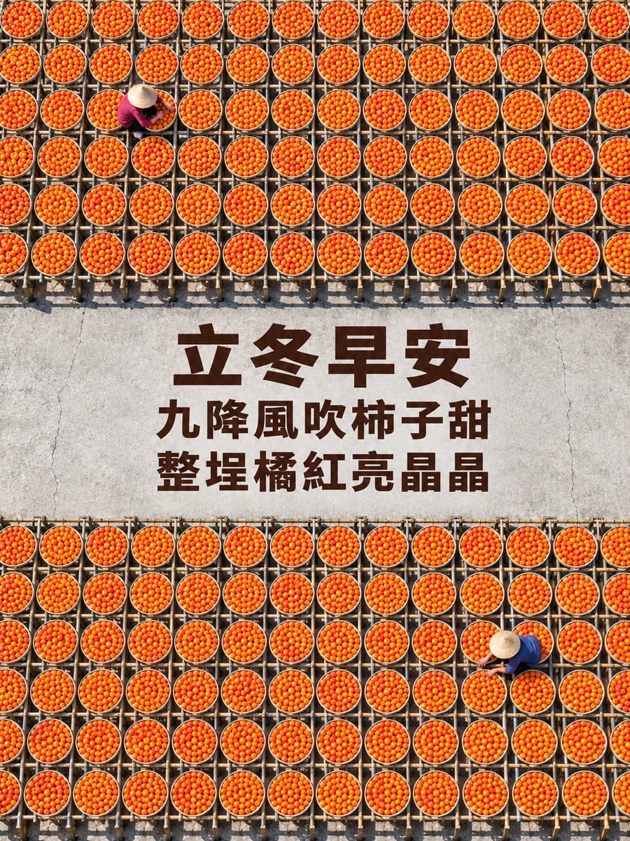 九降風曬柿餅。圖中文字：立冬早安，九降風吹柿子甜，整埕橘紅亮晶晶