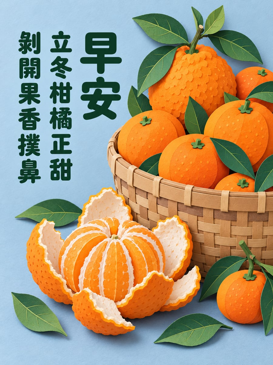 紙雕椪柑。圖中文字：早安，立冬柑橘正甜，剝開果香撲鼻