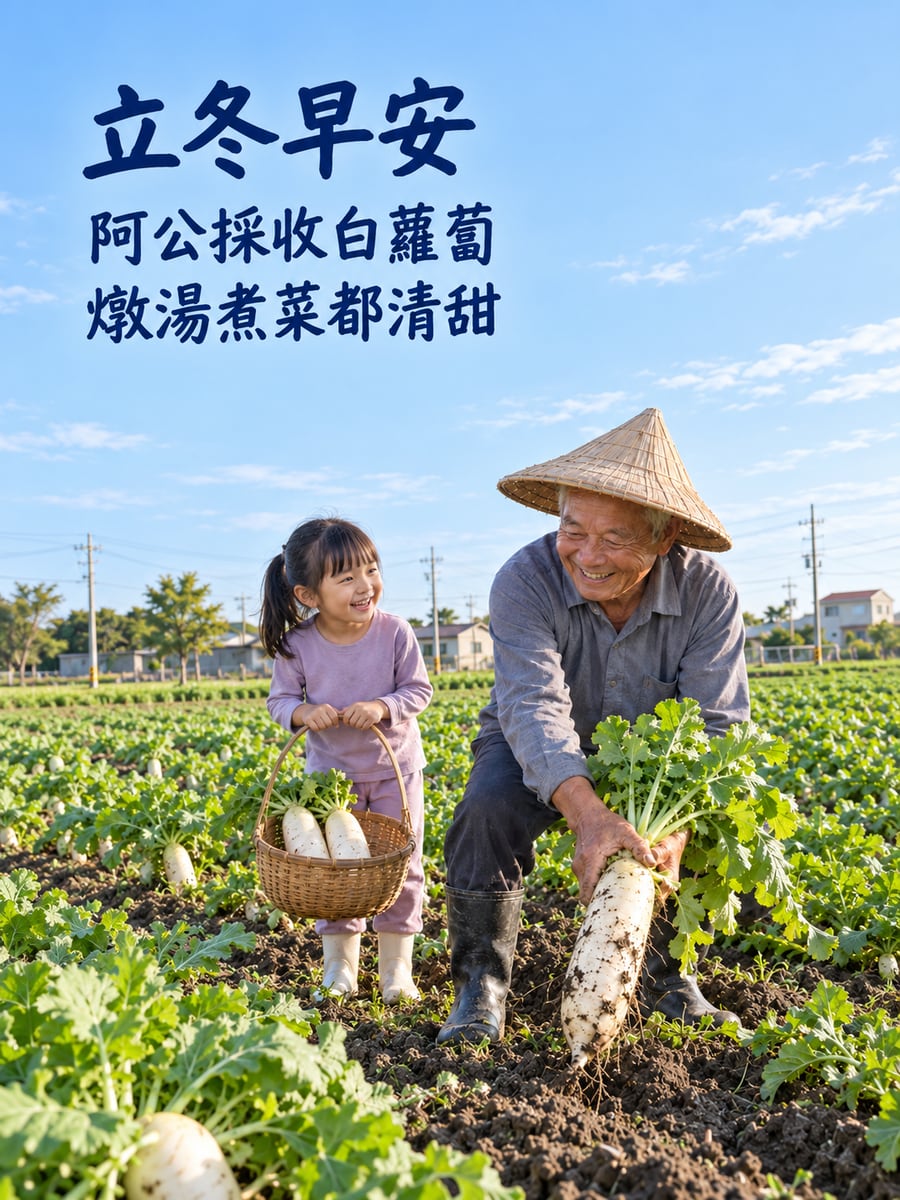 阿公採收白蘿蔔。圖中文字：立冬早安，阿公採收白蘿蔔，燉湯煮菜都清甜
