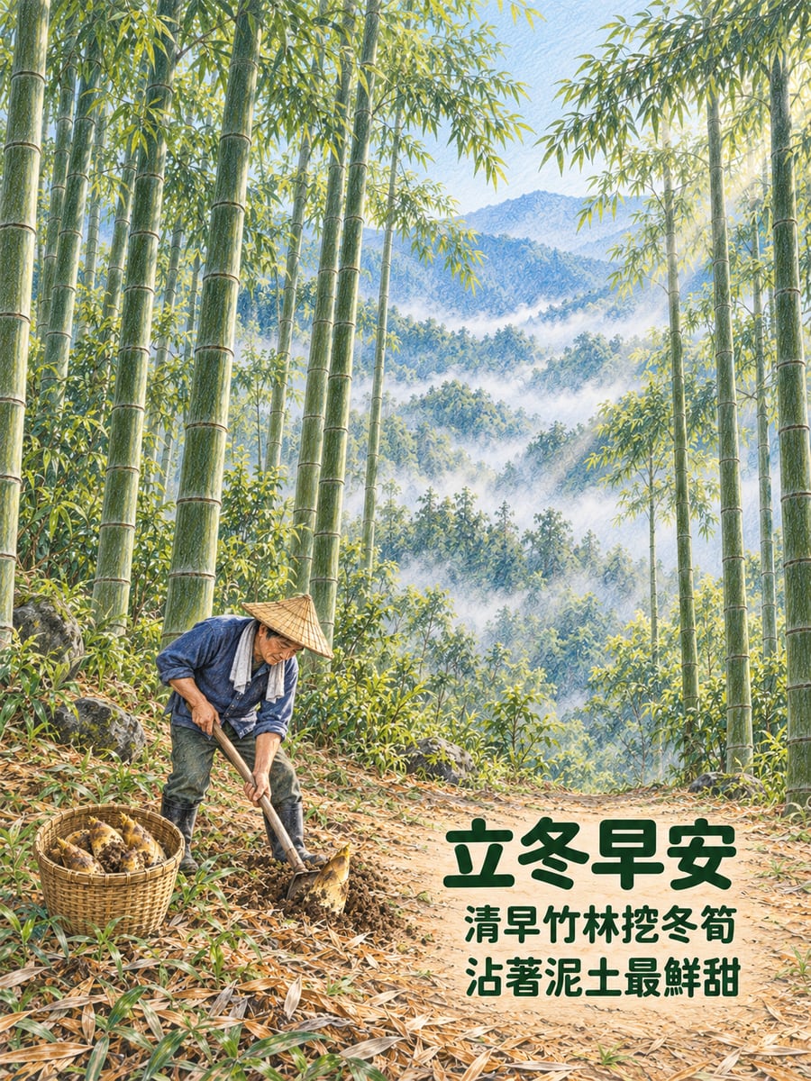 竹林挖冬筍。圖中文字：立冬早安，清早竹林挖冬筍，沾著泥土最鮮甜