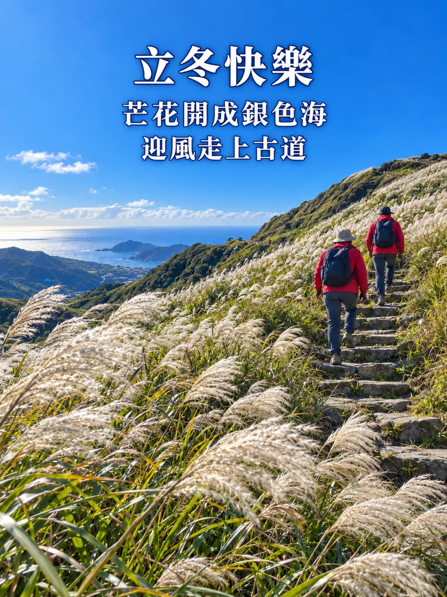 草嶺古道芒花海。圖中文字：立冬快樂，芒花開成銀色海，迎風走上古道
