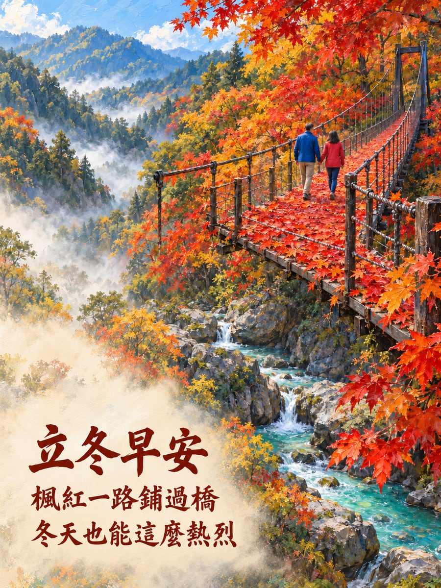 奧萬大楓紅吊橋。圖中文字：立冬早安，楓紅一路鋪過橋，冬天也能這麼熱烈