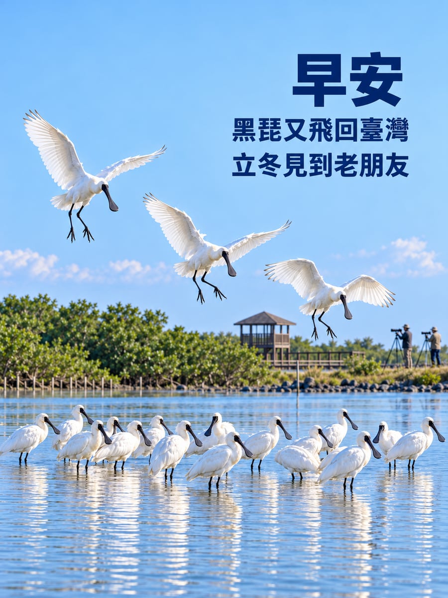 黑琵回來過冬。圖中文字：早安，黑琵又飛回臺灣，立冬見到老朋友