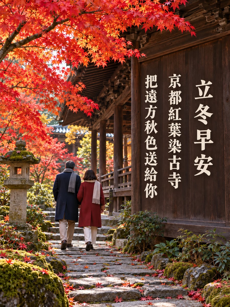 京都古寺紅葉。圖中文字：立冬早安，京都紅葉染古寺，把遠方秋色送給你