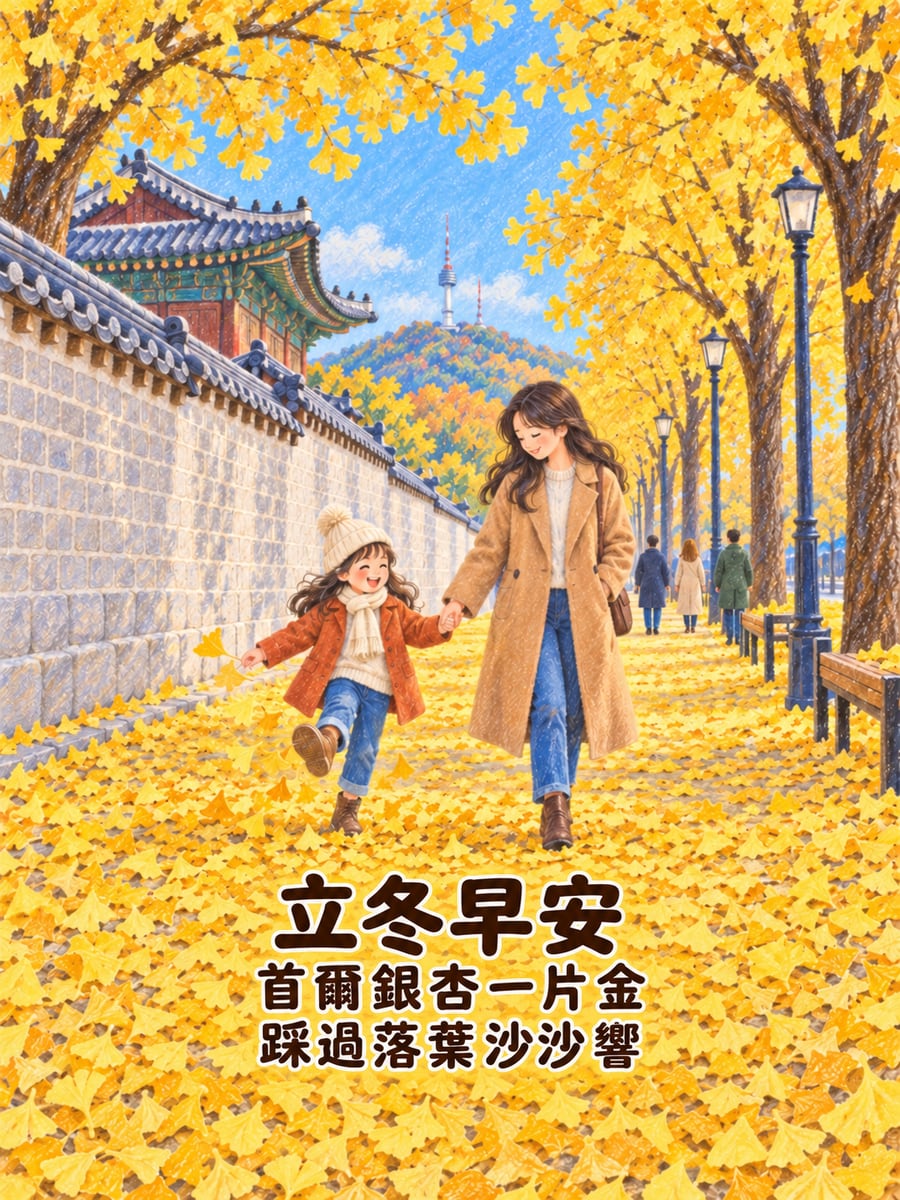 首爾銀杏大道。圖中文字：立冬早安，首爾銀杏一片金，踩過落葉沙沙響