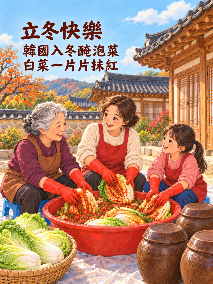 韓國過冬醃泡菜。圖中文字：立冬快樂，韓國入冬醃泡菜，白菜一片片抹紅