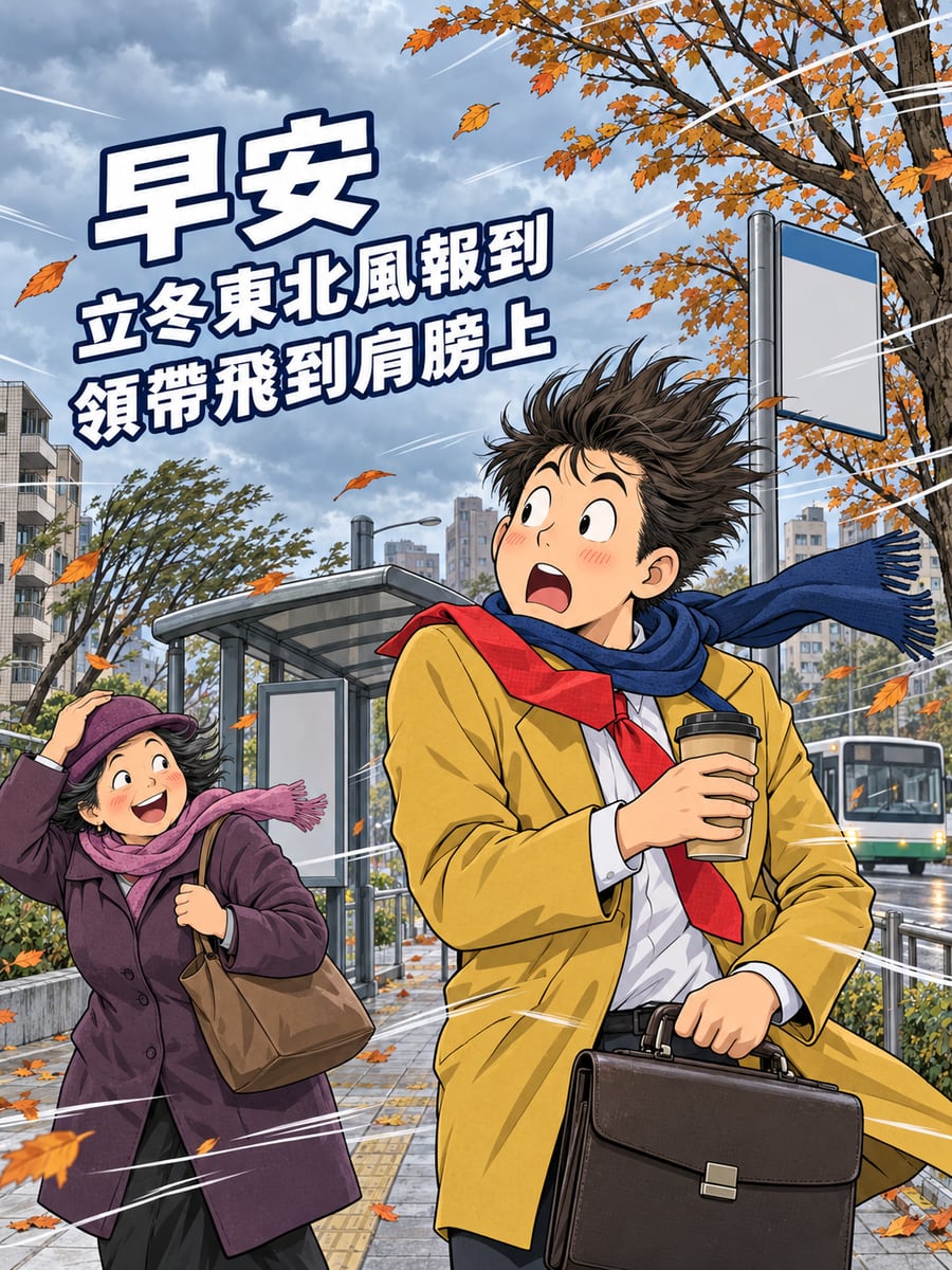 東北季風吹領帶。圖中文字：早安，立冬東北風報到，領帶飛到肩膀上