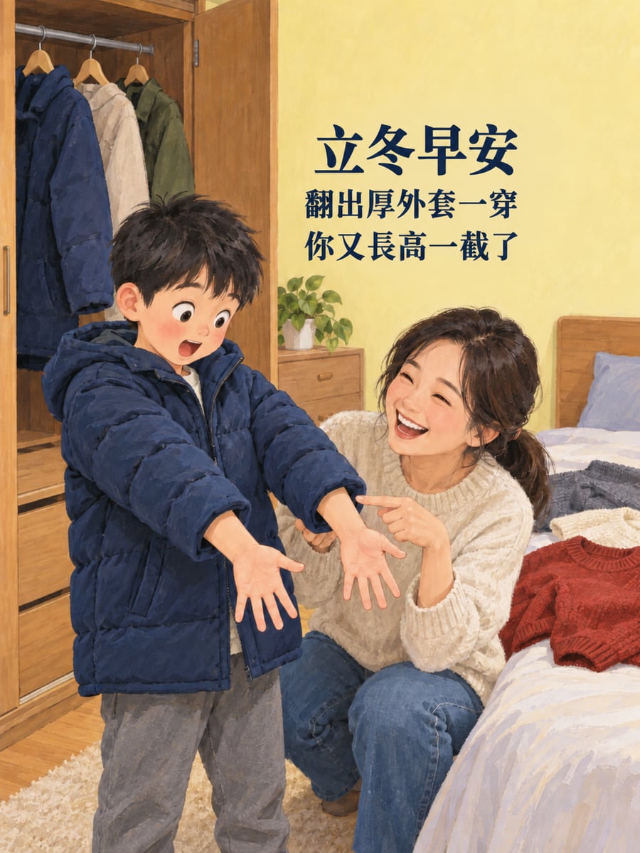 厚外套袖子短了。圖中文字：立冬早安，翻出厚外套一穿，你又長高一截了