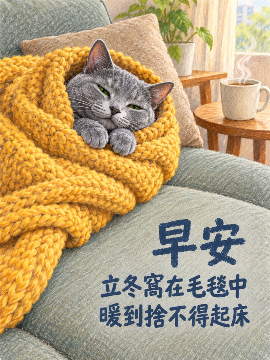 藍貓窩進毛毯。圖中文字：早安，立冬窩在毛毯中，暖到捨不得起床