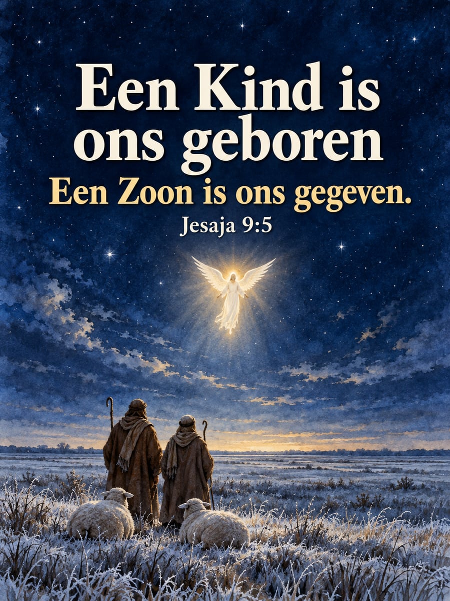 Kerstplaatje met de tekst ‘Een Kind is ons geboren’ en ‘Een Zoon is ons gegeven.’ (Jesaja 9:5) – engel boven het veld, twee herders, twee schapen in de nacht