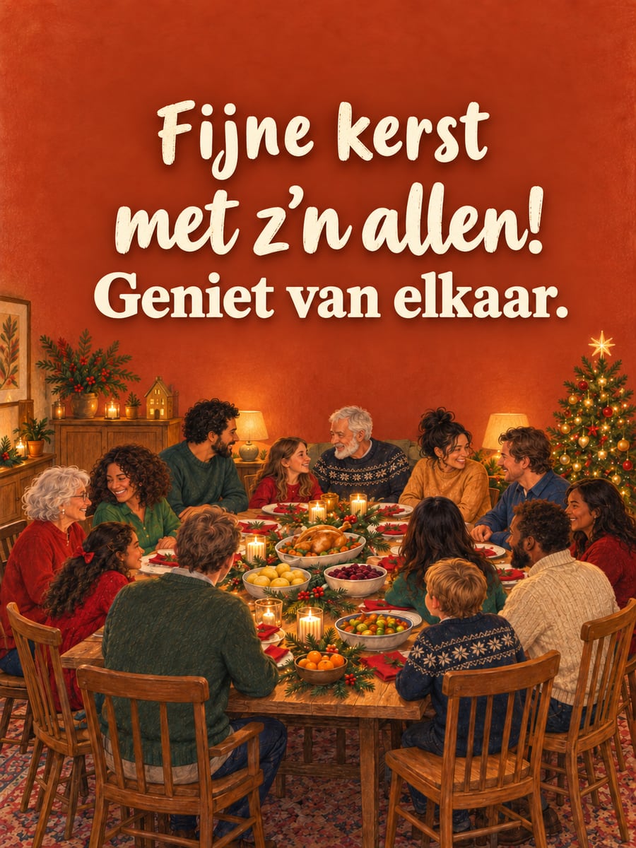 Kerstplaatje met de tekst ‘Fijne kerst met z’n allen!’ en ‘Geniet van elkaar.’ – familie aan het kerstdiner, lange gedekte tafel, kerstboom