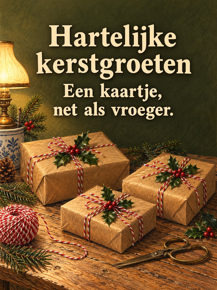 Kerstplaatje met de tekst ‘Hartelijke kerstgroeten’ en ‘Een kaartje, net als vroeger.’ – cadeautjes in bruin papier, hulst, rood-wit touw