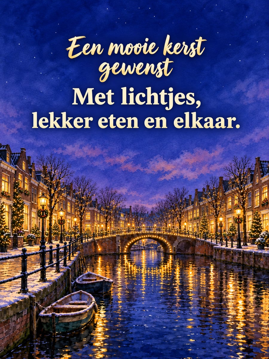 Kerstplaatje met de tekst ‘Een mooie kerst gewenst’ en ‘Met lichtjes, lekker eten en elkaar.’ – gracht met lichtjes, brug met lampjes, grachtenhuizen bij schemer
