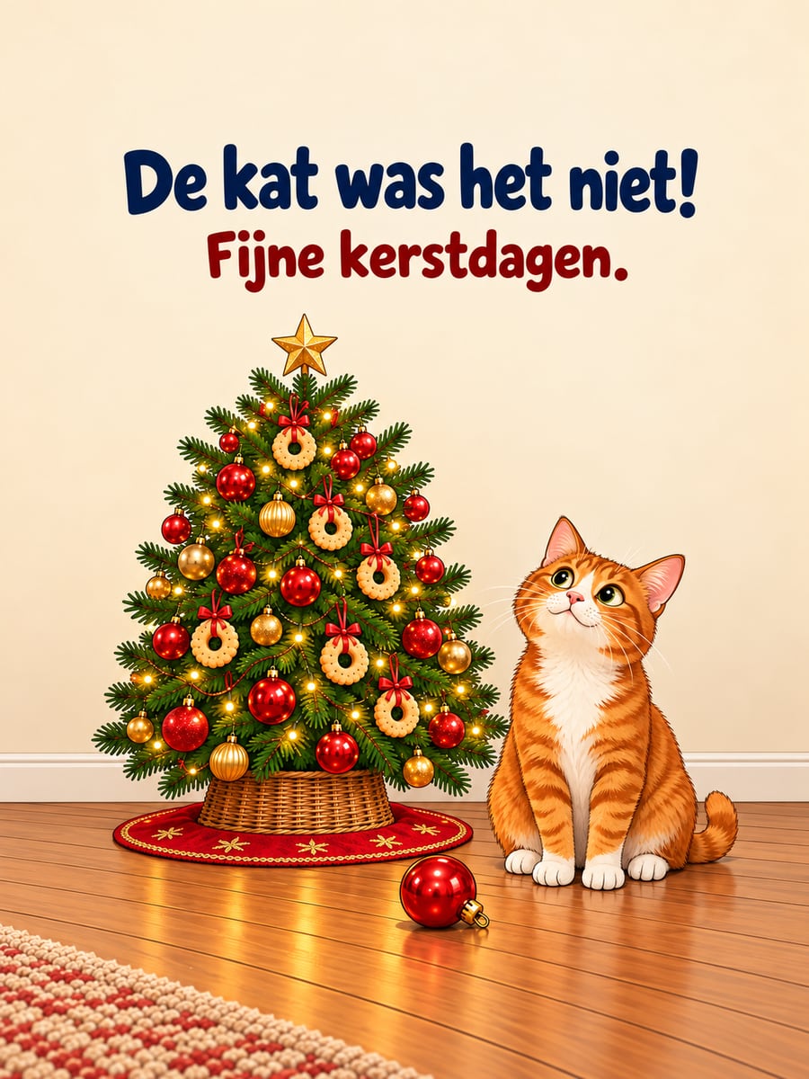 Kerstplaatje met de tekst ‘De kat was het niet!’ en ‘Fijne kerstdagen.’ – rode kat bij de kerstboom, gevallen kerstbal