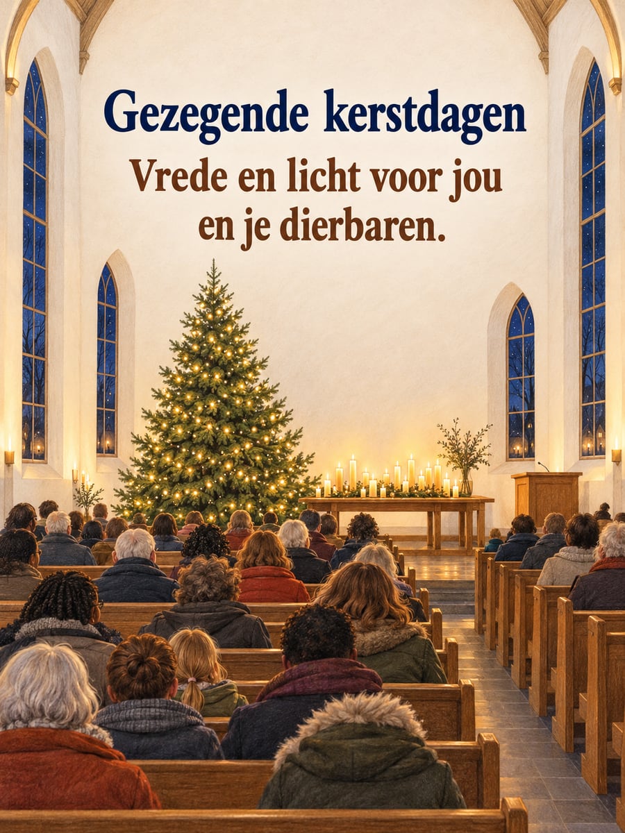 Kerstplaatje met de tekst ‘Gezegende kerstdagen’ en ‘Vrede en licht voor jou en je dierbaren.’ – kerstnachtdienst in een dorpskerk, kerstboom met lichtjes, kaarsjes