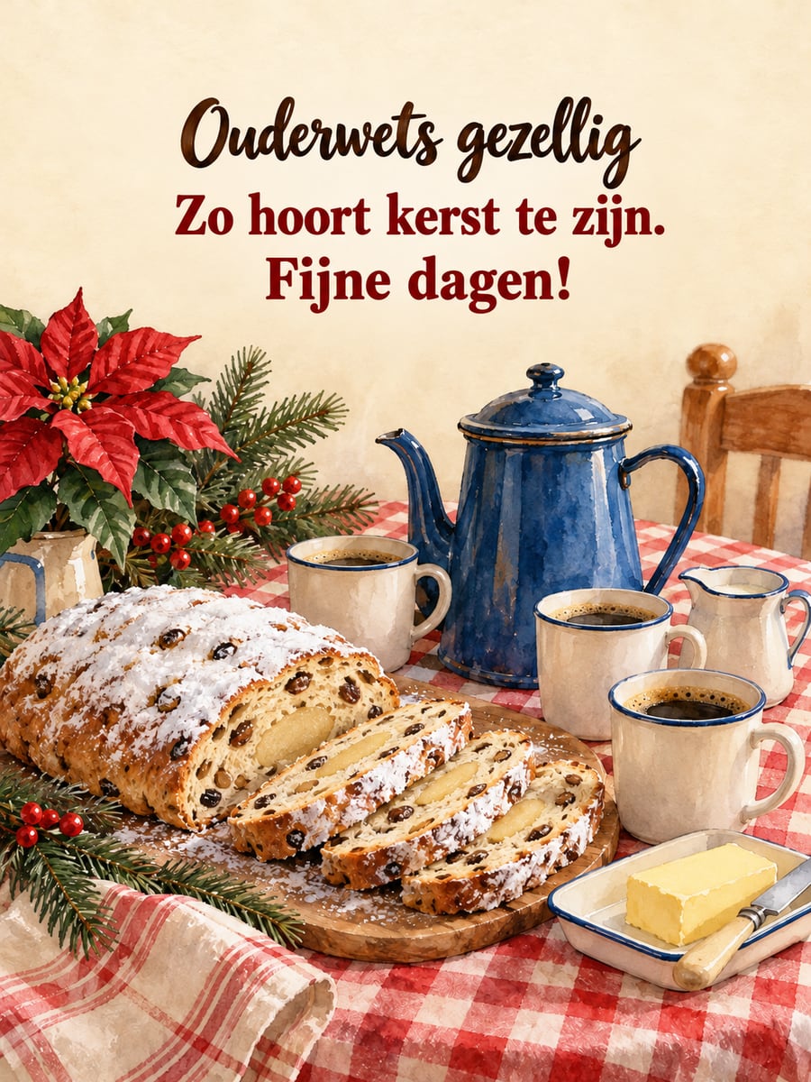 Kerstplaatje met de tekst ‘Ouderwets gezellig’ en ‘Zo hoort kerst te zijn. Fijne dagen!’ – kerststol met spijs, koffie in mokken, geruit tafelkleed