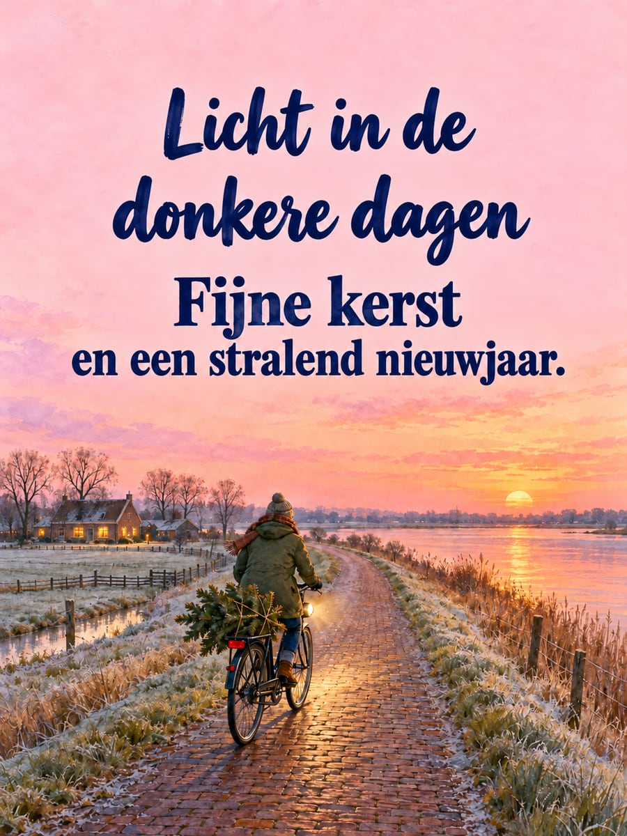 Kerstplaatje met de tekst ‘Licht in de donkere dagen’ en ‘Fijne kerst en een stralend nieuwjaar.’ – fietser met kerstboom op de dijk, polder bij zonsondergang, rivier