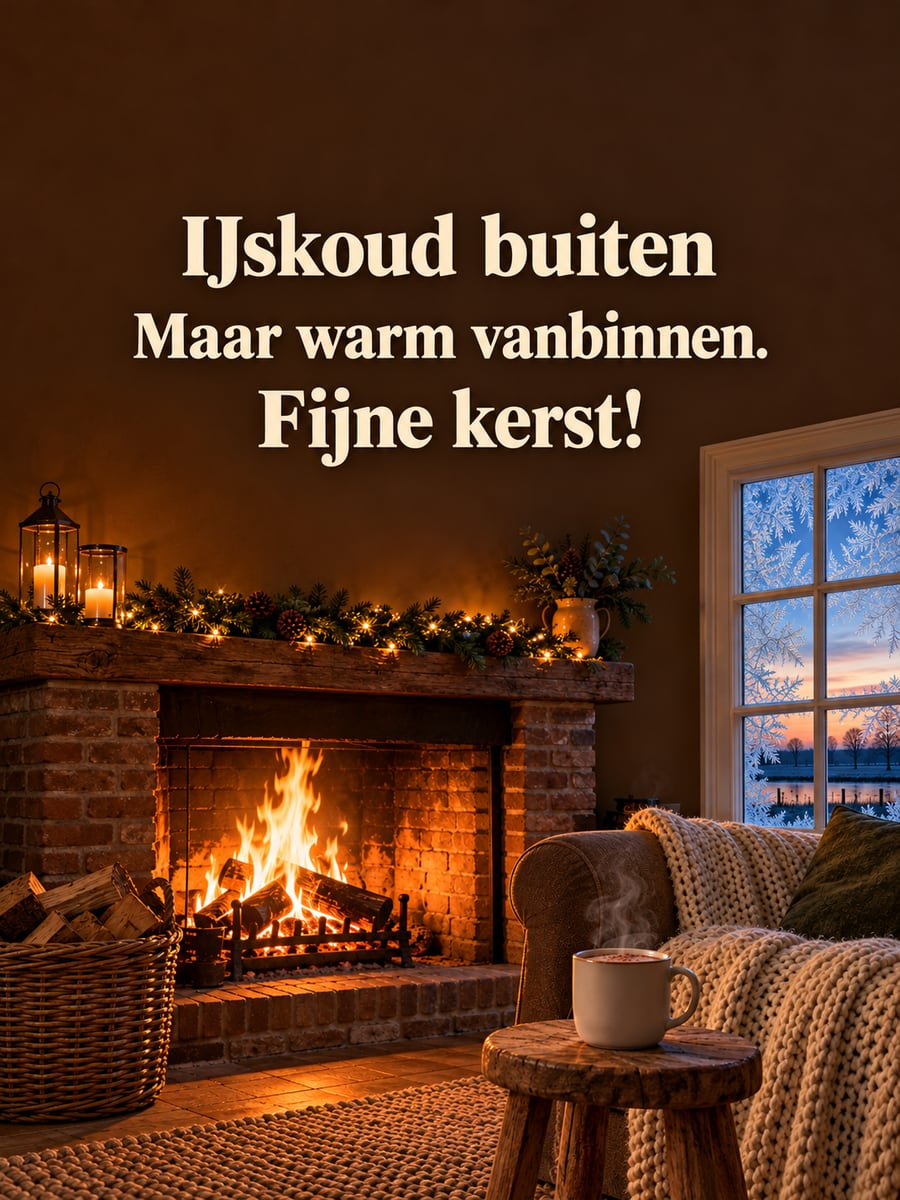 Kerstplaatje met de tekst ‘IJskoud buiten’ en ‘Maar warm vanbinnen. Fijne kerst!’ – open haard met houtvuur, ijsbloemen op het raam, mok warme chocolademelk