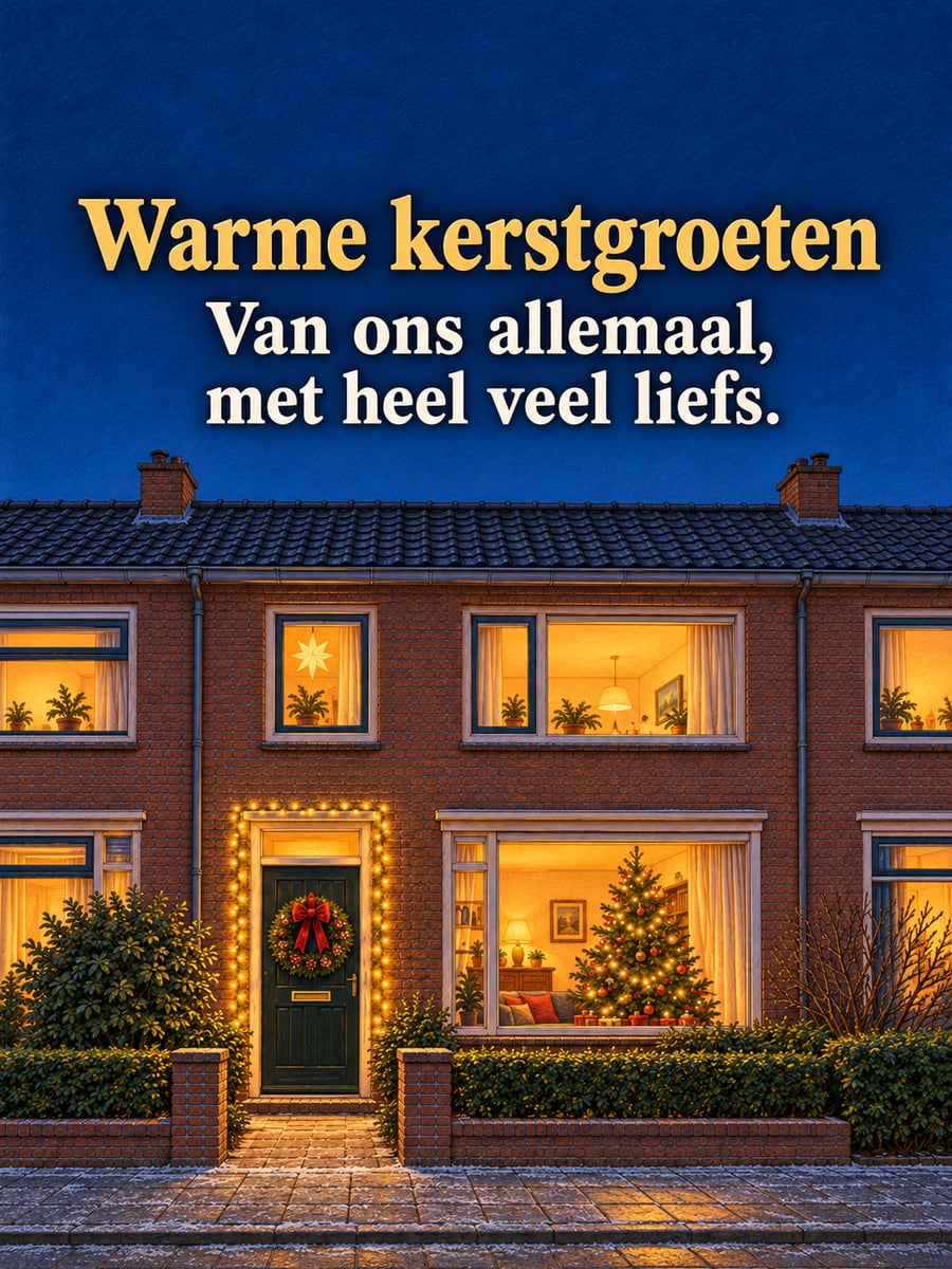 Kerstplaatje met de tekst ‘Warme kerstgroeten’ en ‘Van ons allemaal, met heel veel liefs.’ – voordeur met kerstkrans, lichtjes rond de deur, bakstenen rijtjeshuis