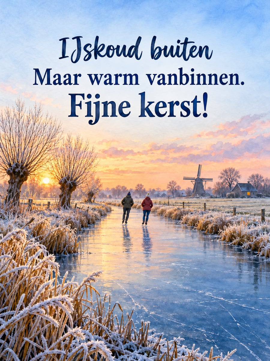Kerstplaatje met de tekst ‘IJskoud buiten’ en ‘Maar warm vanbinnen. Fijne kerst!’ – bevroren sloot in de polder, twee schaatsers, molen in de verte