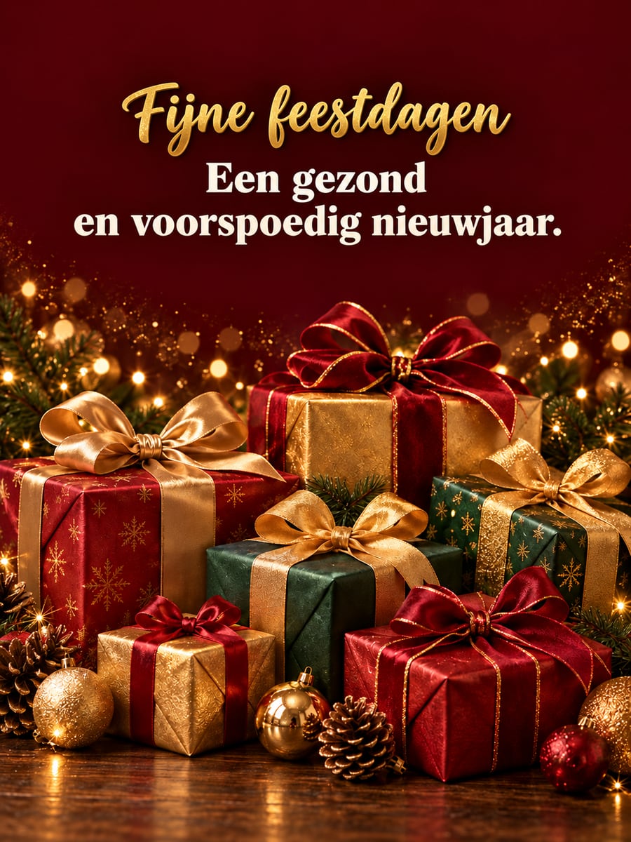 Kerstplaatje met de tekst ‘Fijne feestdagen’ en ‘Een gezond en voorspoedig nieuwjaar.’ – ingepakte cadeaus met strikken, gouden kerstballen