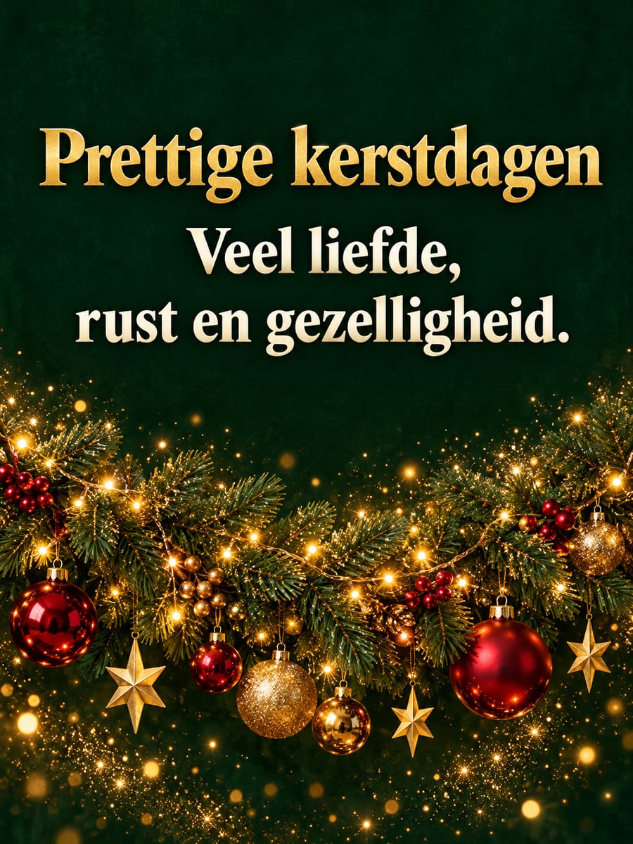 Kerstplaatje met de tekst ‘Prettige kerstdagen’ en ‘Veel liefde, rust en gezelligheid.’ – dennenslinger met lampjes, gouden en rode kerstballen