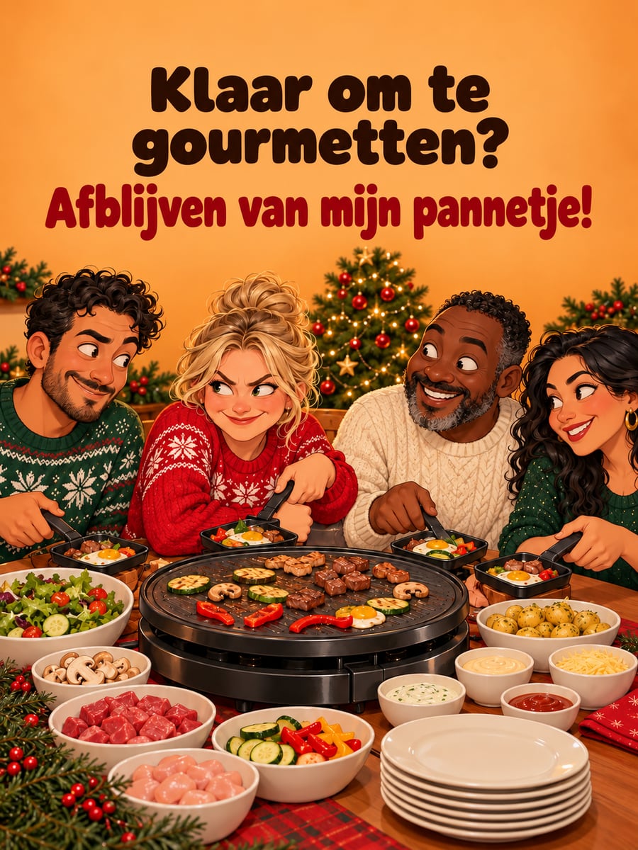 Kerstplaatje met de tekst ‘Klaar om te gourmetten?’ en ‘Afblijven van mijn pannetje!’ – gourmetten met de familie, gourmetpannetjes, kerstdiner