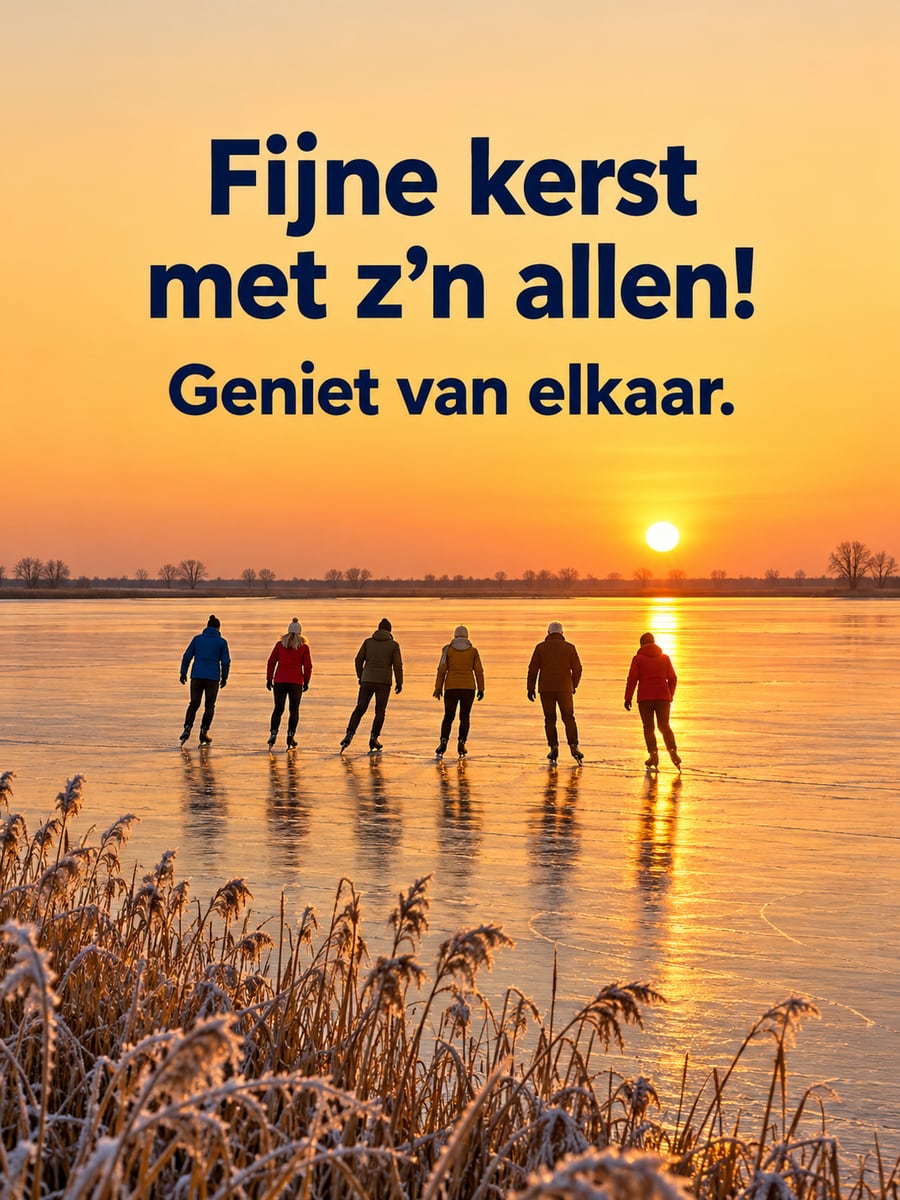 Kerstplaatje met de tekst ‘Fijne kerst met z’n allen!’ en ‘Geniet van elkaar.’ – samen schaatsen op natuurijs, zonsondergang op het ijs, berijpt riet