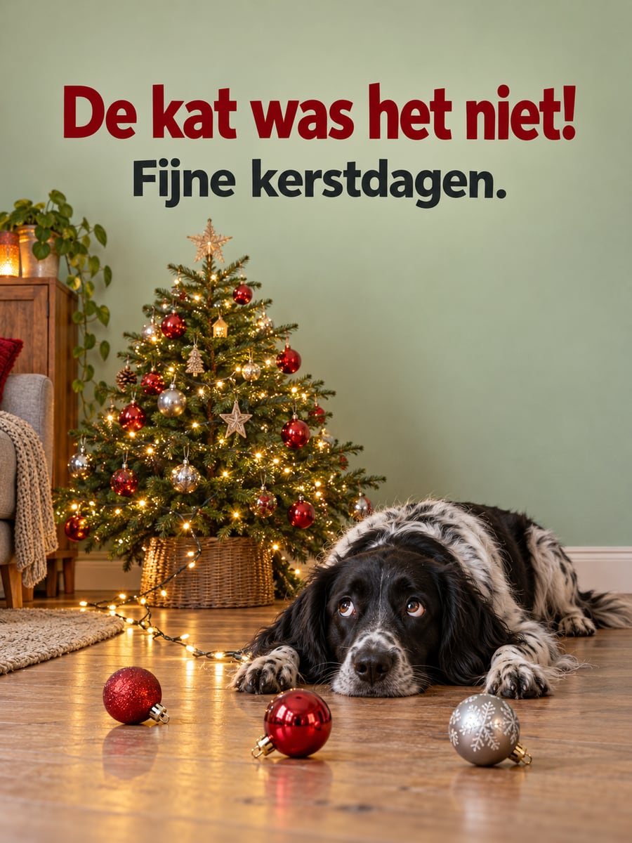 Kerstplaatje met de tekst ‘De kat was het niet!’ en ‘Fijne kerstdagen.’ – schuldbewuste Friese stabij, gevallen kerstballen, kerstboom