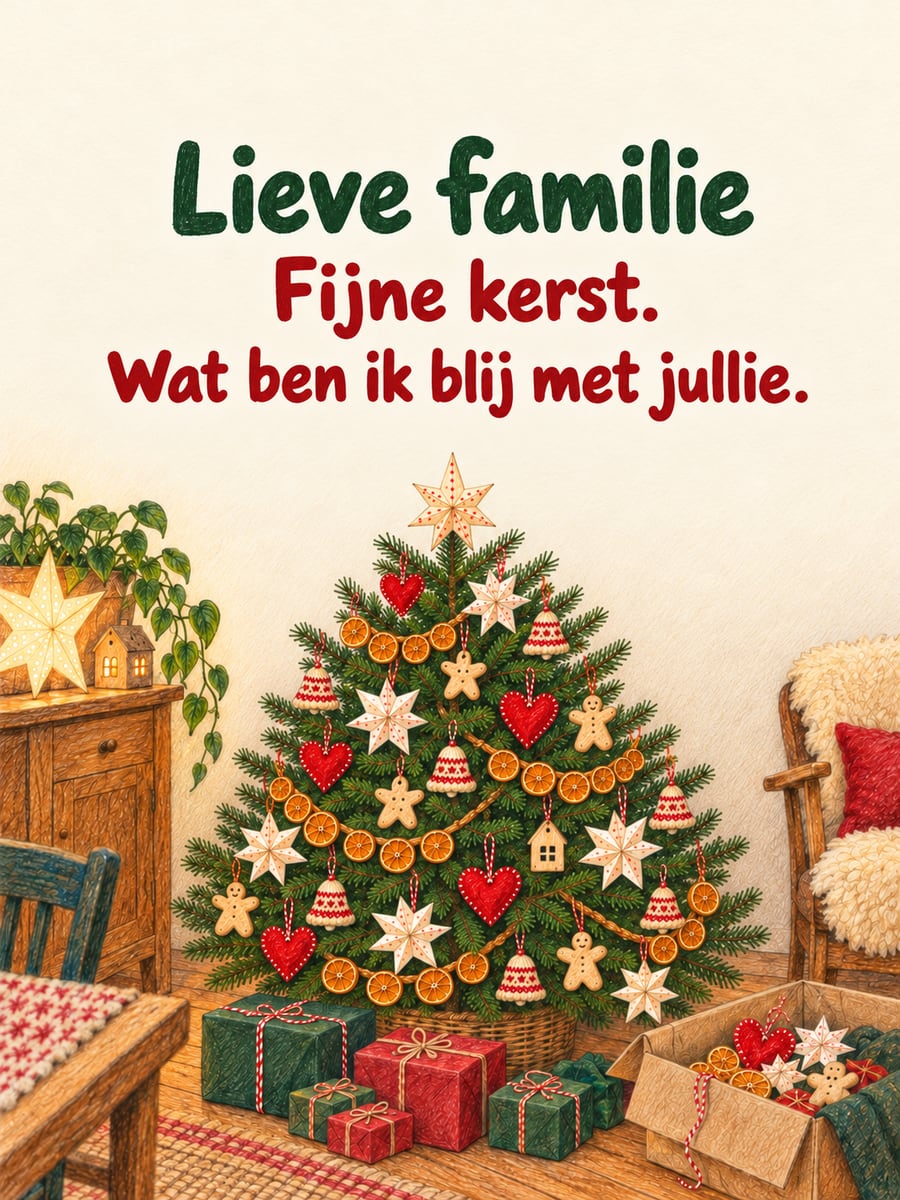 Kerstplaatje met de tekst ‘Lieve familie’ en ‘Fijne kerst. Wat ben ik blij met jullie.’ – kerstboom met zelfgemaakte versiering, papieren sterren, cadeautjes