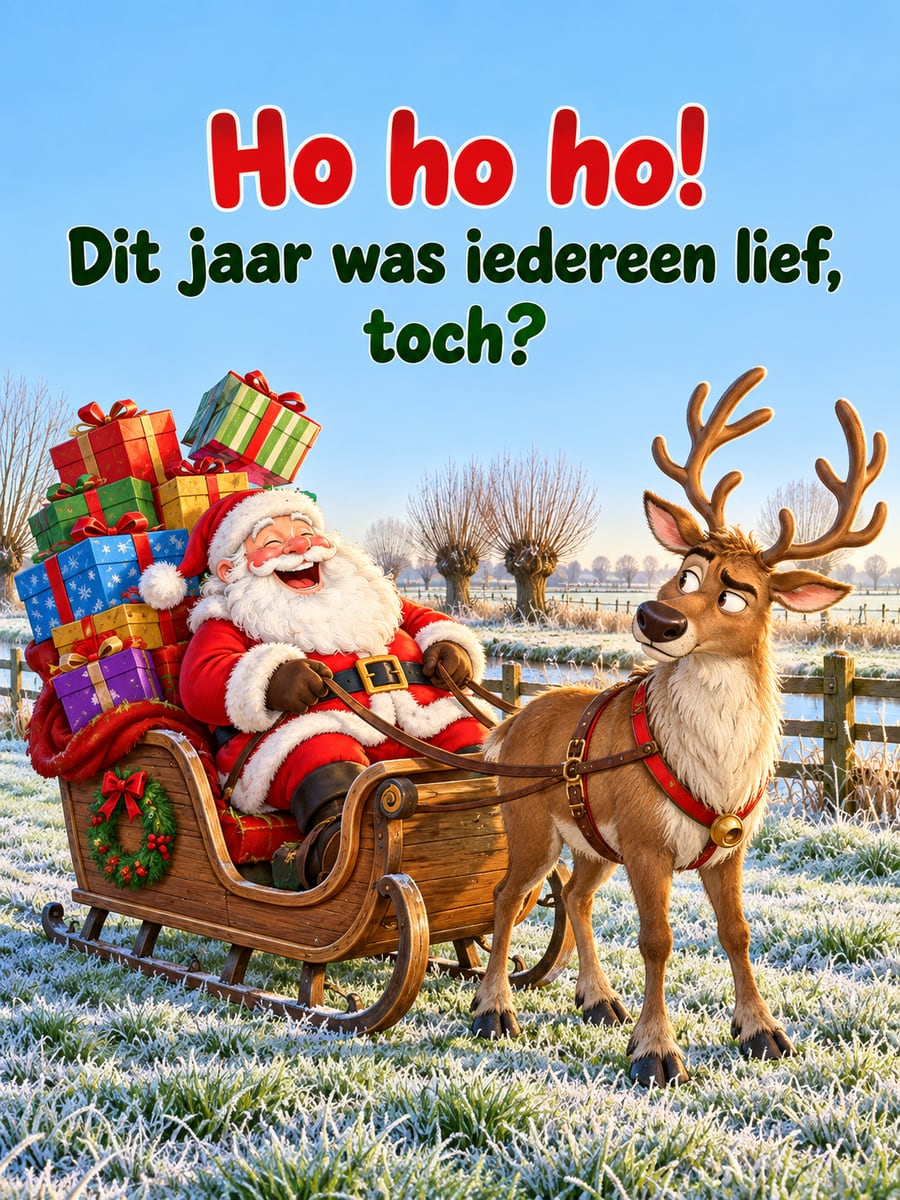 Kerstplaatje met de tekst ‘Ho ho ho!’ en ‘Dit jaar was iedereen lief, toch?’ – lachende kerstman in zijn slee, stapel cadeaus, rendier