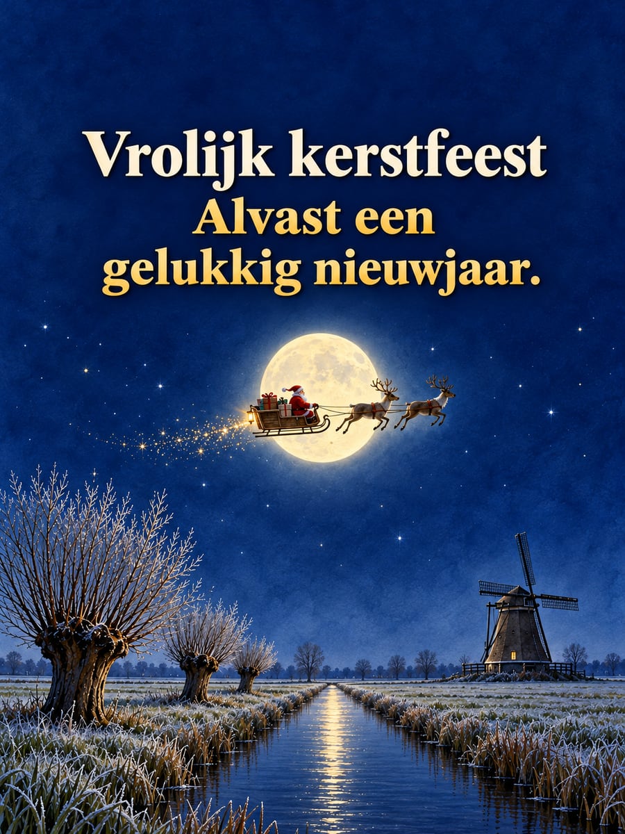 Kerstplaatje met de tekst ‘Vrolijk kerstfeest’ en ‘Alvast een gelukkig nieuwjaar.’ – kerstman met slee en twee rendieren, polder bij maanlicht, molen in de verte