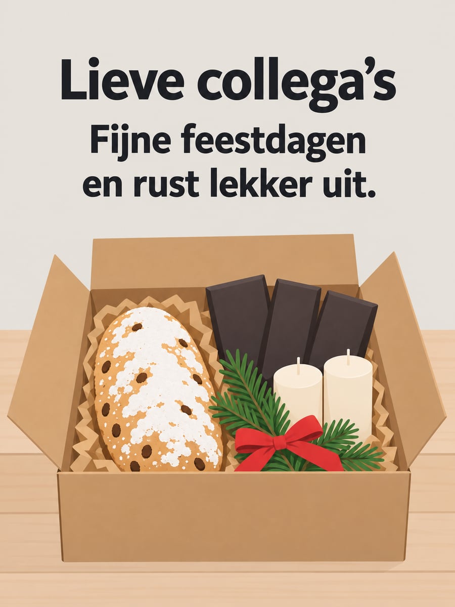 Kerstplaatje met de tekst ‘Lieve collega’s’ en ‘Fijne feestdagen en rust lekker uit.’ – kerstpakket, kerststol, chocolade en kaarsen