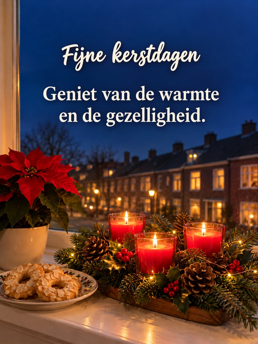 Kerstplaatje met de tekst ‘Fijne kerstdagen’ en ‘Geniet van de warmte en de gezelligheid.’ – kerststukje met rode kaarsen, kerstkransjes, kerstster in de vensterbank