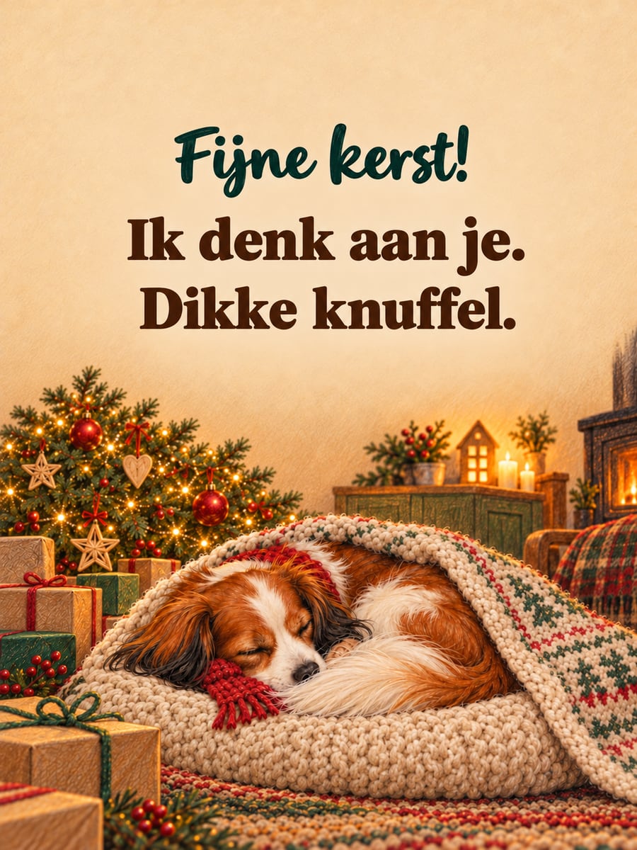 Kerstplaatje met de tekst ‘Fijne kerst!’ en ‘Ik denk aan je. Dikke knuffel.’ – slapend kooikerhondje, gebreid kussen, kerstboom