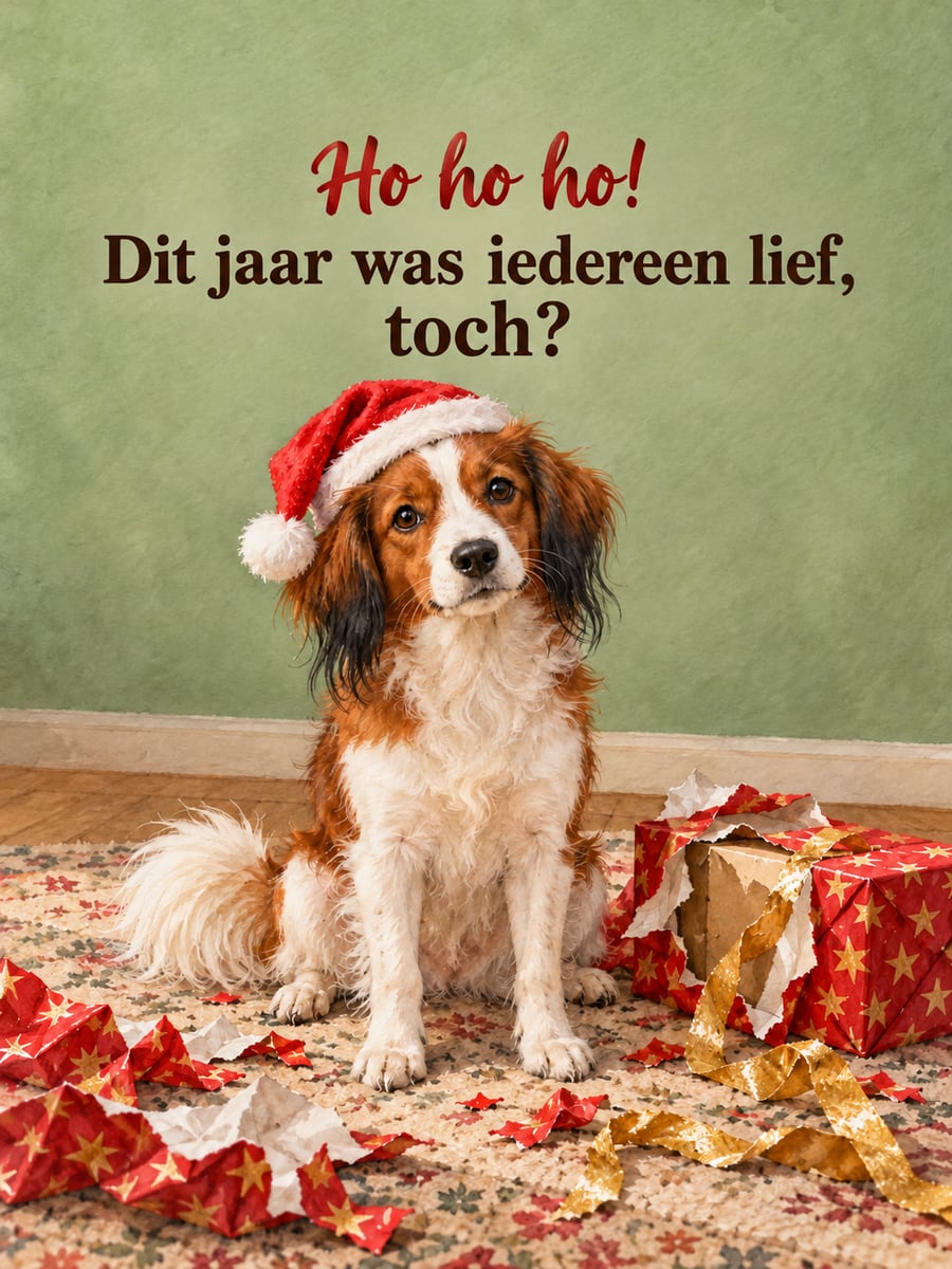 Kerstplaatje met de tekst ‘Ho ho ho!’ en ‘Dit jaar was iedereen lief, toch?’ – kooikerhondje met kerstmuts, opengescheurd cadeaupapier