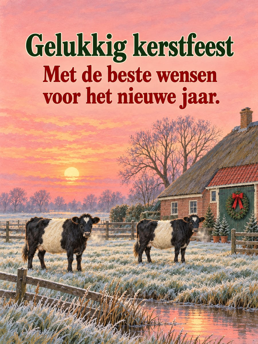 Kerstplaatje met de tekst ‘Gelukkig kerstfeest’ en ‘Met de beste wensen voor het nieuwe jaar.’ – lakenvelder koeien in de wei, kerstkrans op de staldeur, oude boerderij