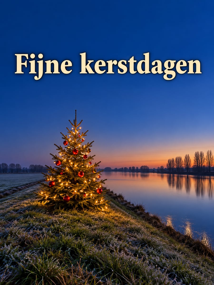 Kerstplaatje met de tekst ‘Fijne kerstdagen’ – verlichte kerstboom op de dijk, rivier in de avond, kale populieren