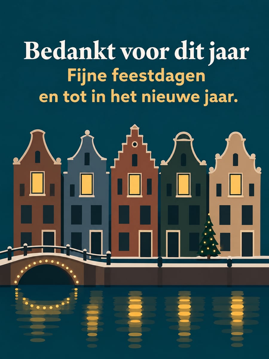 Kerstplaatje met de tekst ‘Bedankt voor dit jaar’ en ‘Fijne feestdagen en tot in het nieuwe jaar.’ – grachtenpanden met lichtjes, brug over de gracht, avond aan het water